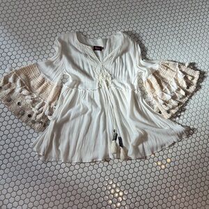 Avani del amour Cream Crochet Bell Sleeve Blouse with Tassels